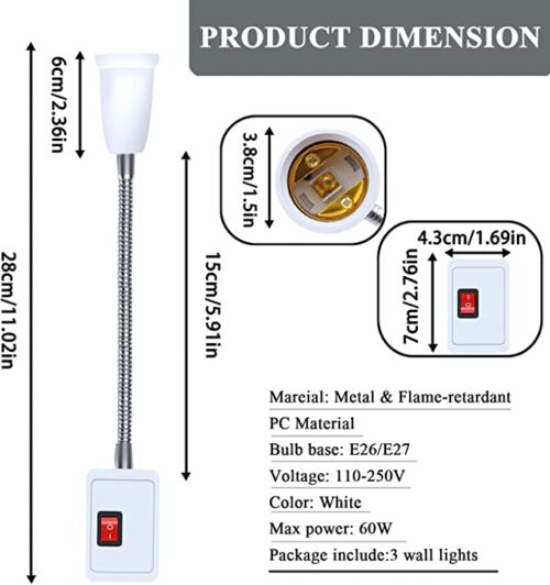 Flexible Lamp Holder,Plug in Wall Lights, E27 Extension Bulb Socket Adapter with On/Off Switch,Light Bulb Holder - Image 8