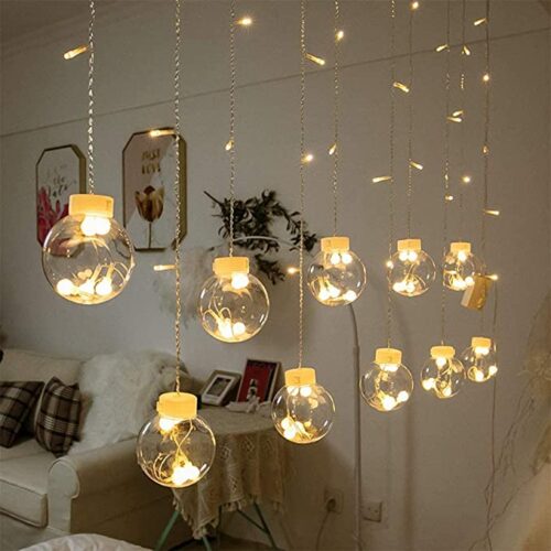 LED Wishing Ball Curtain String Light |Fairy Garland Lights For Window, Bedroom, Garden | Festive Decorative Hanging Wall Lights (Warm White) - Image 4
