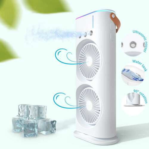 Dual Fan Mist Cooler with Full Rotation and USB Rechargeable | Multiple Speed | Settings Ideal for Home and Travel Cooling Convenience with Soothing LED Lightings - Image 2