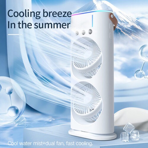 Dual Fan Mist Cooler with Full Rotation and USB Rechargeable | Multiple Speed | Settings Ideal for Home and Travel Cooling Convenience with Soothing LED Lightings - Image 3