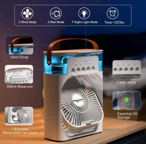 Portable Air Conditioner Air Cooler with 600ml Water Tank USB Air Cooler with 3 Wind & 5 Mist Vents, 7 Night Light and 1-3H Timer mode - Image 2