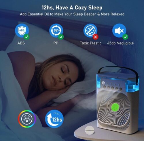 Portable Air Conditioner Air Cooler with 600ml Water Tank USB Air Cooler with 3 Wind & 5 Mist Vents, 7 Night Light and 1-3H Timer mode - Image 6