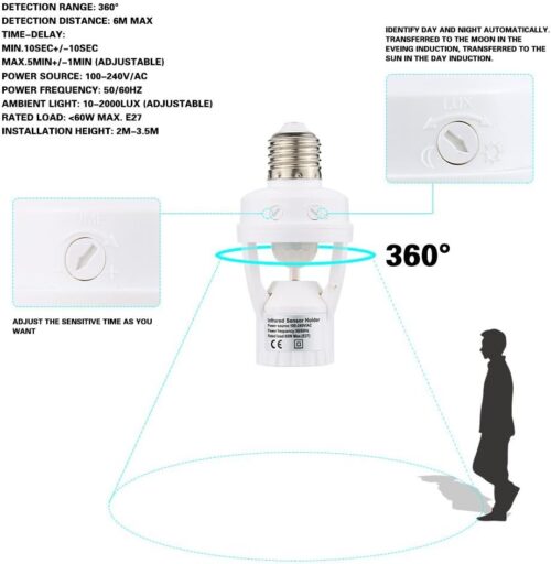 360 Degree Detection PIR Infrared Motion Sensor E27 LED Light Lamp Base Holder Bulb Socket Day & Night 2 Modes - Image 3