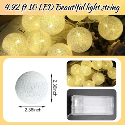 LED Fairy Lights Cotton Balls, 1.5 m 10 LED Balls Fairy Lights, Battery Operated, Cotton Ball Fairy Lights for Christmas, Wedding, Children's Room, Party Decoration - Image 4