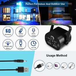 Vivid red and green laser patterns projected on a floor with blue LED wash.