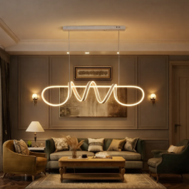 Modern white wavy ribbon LED pendant light with 100cm linear design and adjustable cables.