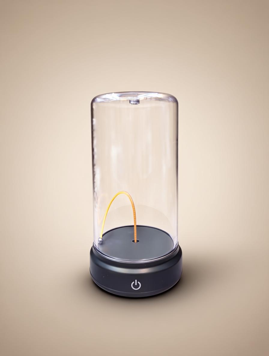 Magnetic LED table lamp with a flexible glowing filament in a 3D wave shape on a dark background.