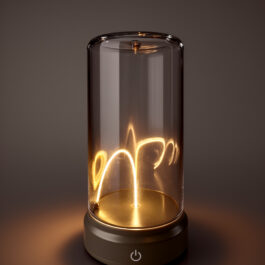 Minimalist portable LED desk lamp with a straight vertical magnetic filament light.
