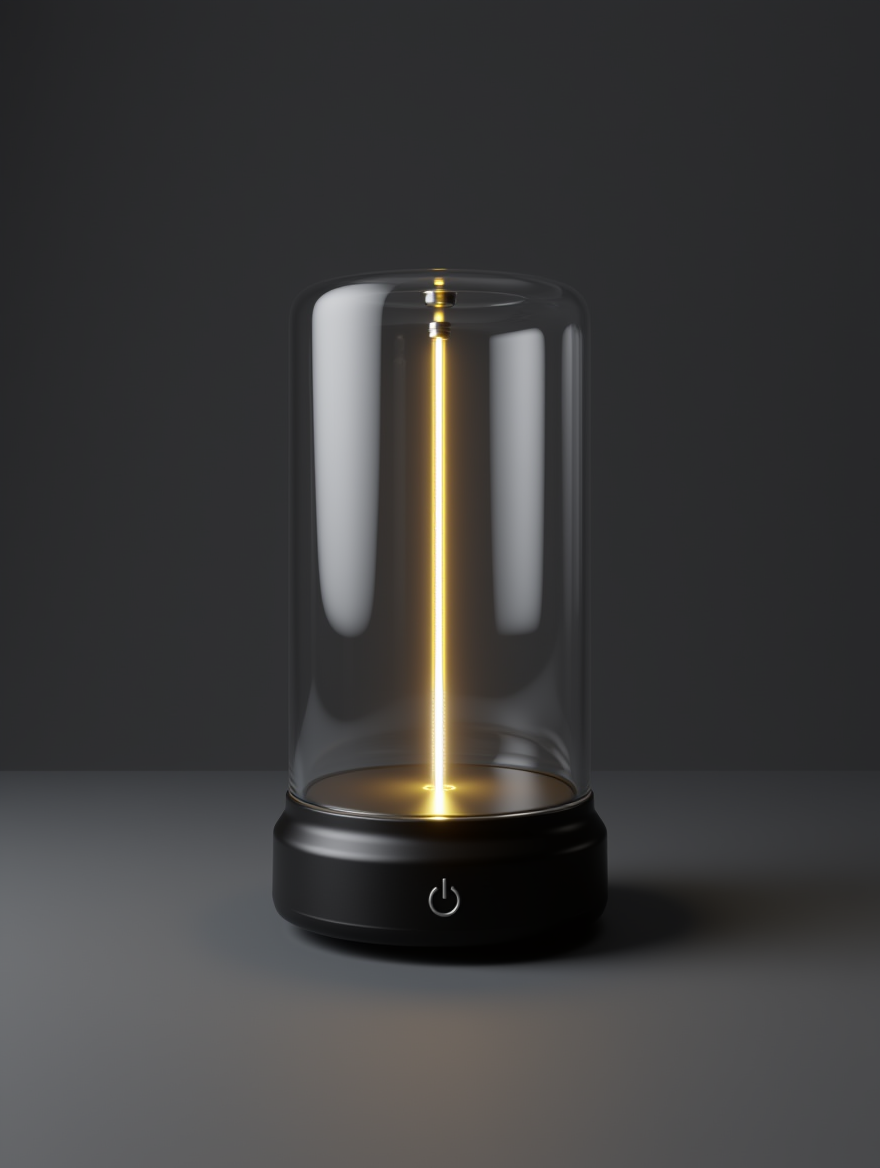 Warm gold magnetic LED table lamp providing a soft glow in a well-lit modern home setting.