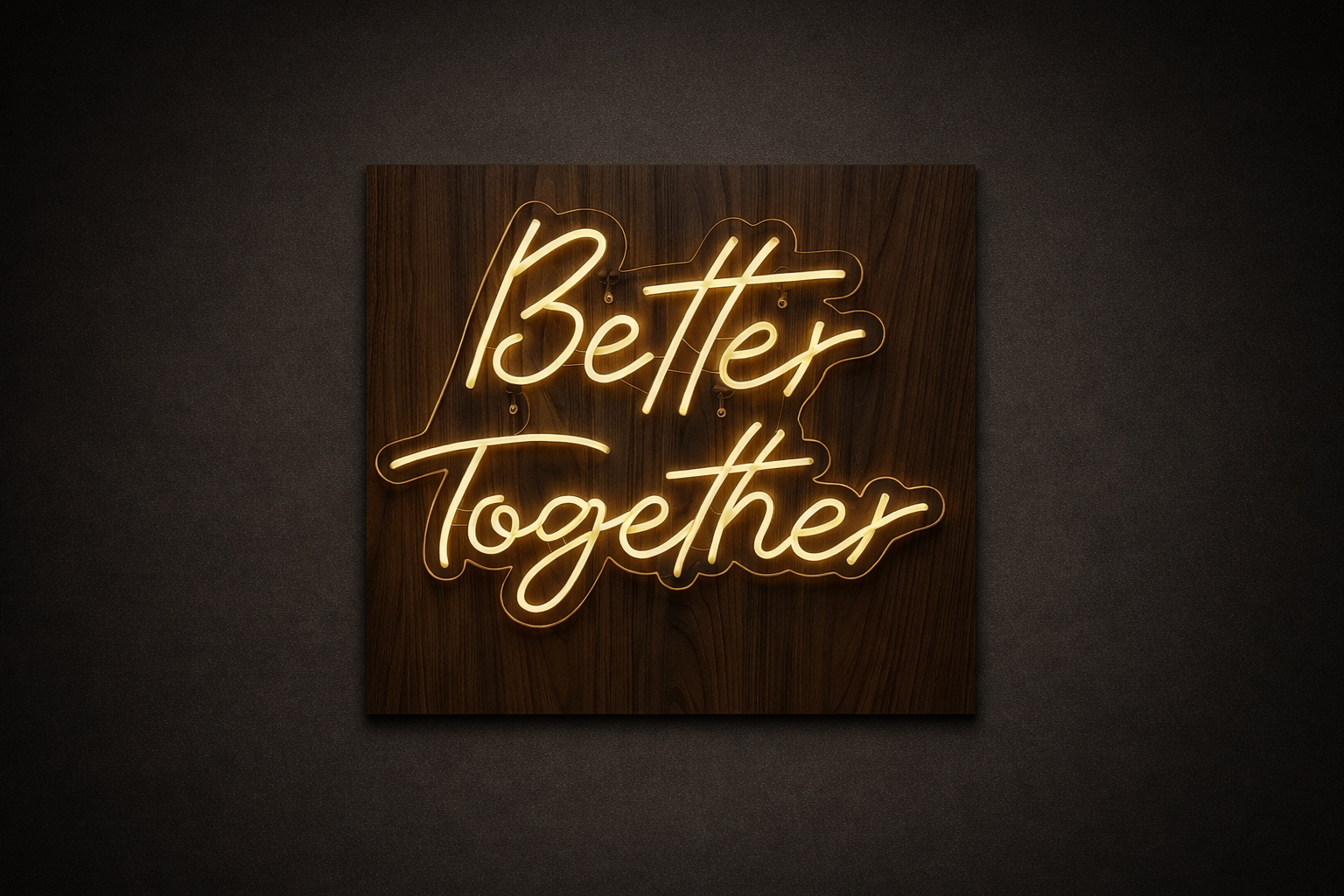 Better Together LED neon sign displayed on a floral wedding arch.
