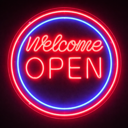 Welcome open neon sign board for cafe shop restaurant UAE