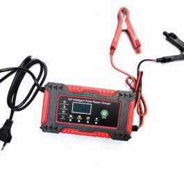 Front view of JUNMENGDA JMD-6 12V Intelligent Pulse Repair Battery Charger box showing compatibility with cars, motorcycles, and boats.