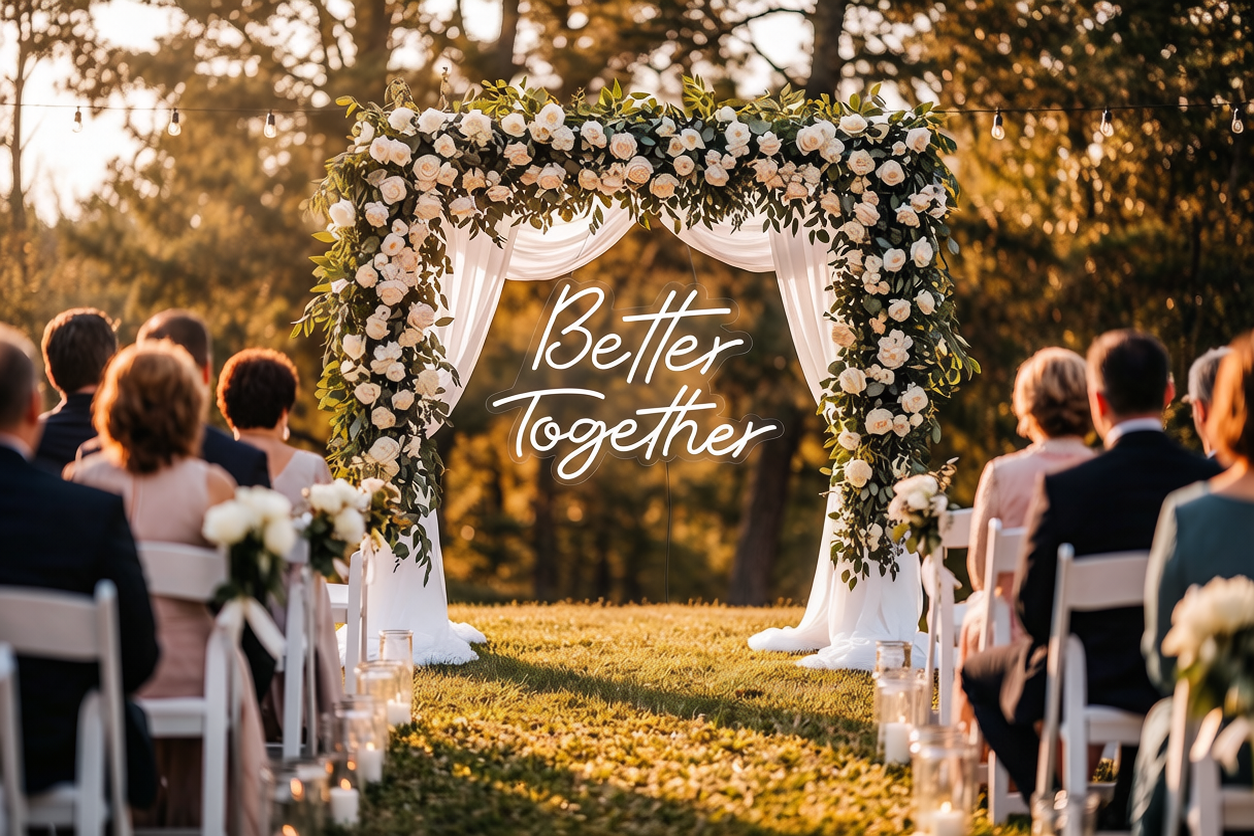 Better Together neon sign on dark wood paneling, 65cm width.