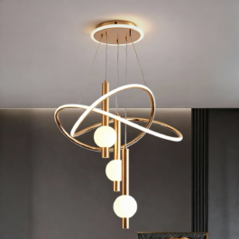Nordic style gold ring chandelier with three vertical globe lights.
