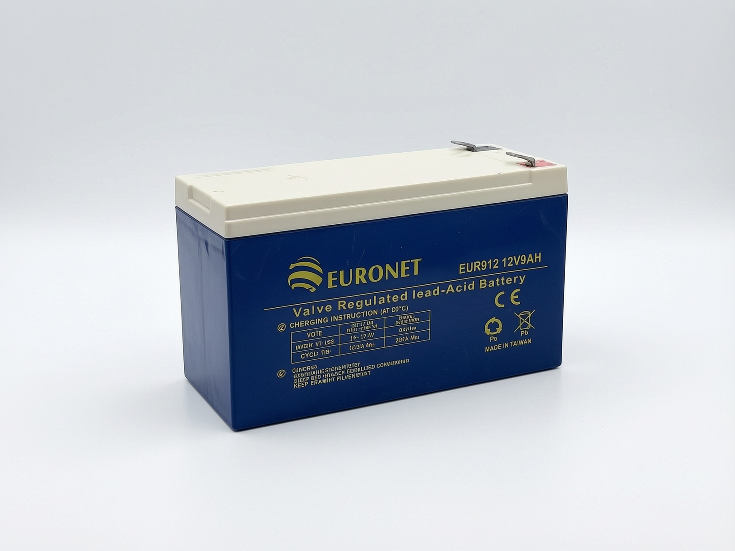 Euronet EUR912 12V 9Ah VRLA Battery showing terminals and compact design
