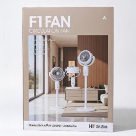 White F1 rechargeable oscillating circulation fan with telescopic stand and remote.
