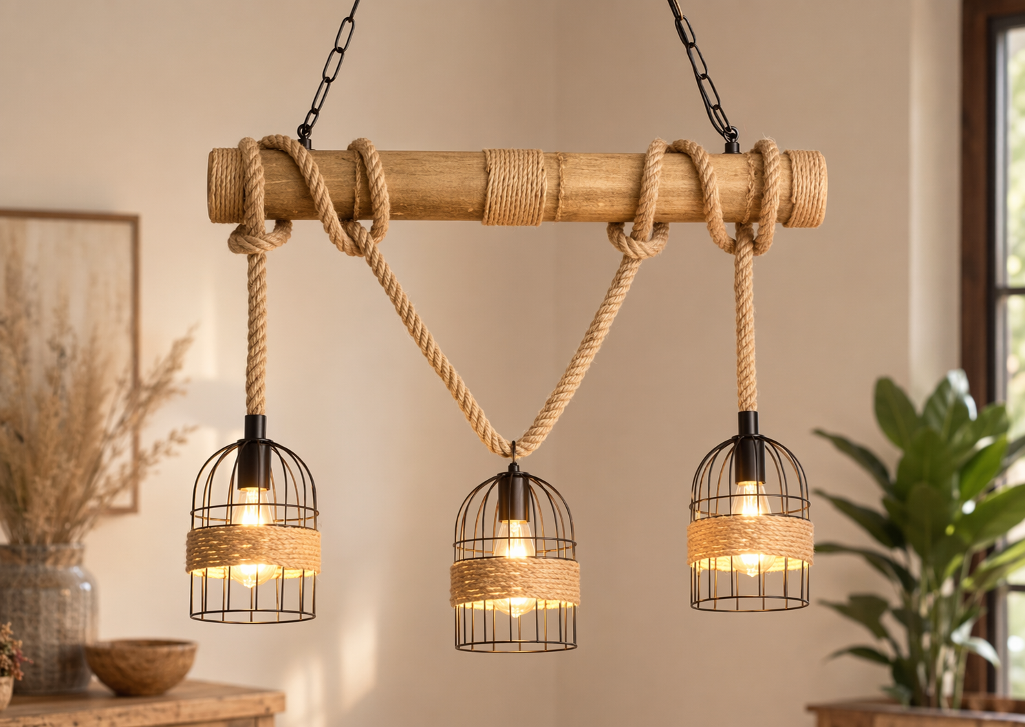 Industrial farmhouse lighting fixture hanging over a rustic wooden dining table