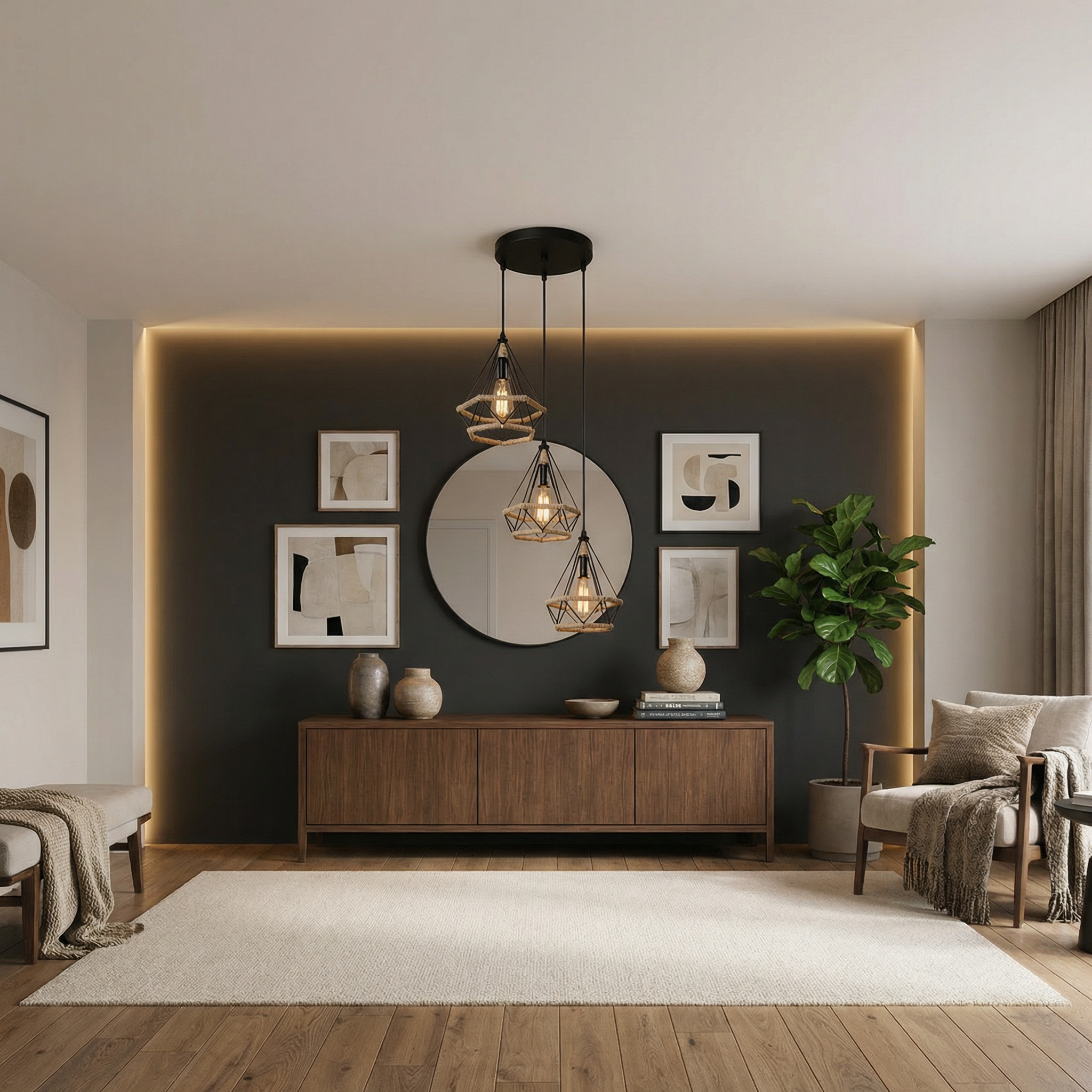 Close-up of a 3-light staggered geometric pendant fixture with natural jute rope and vintage Edison bulbs.