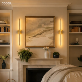 Pair of gold linear wall lights with 3000K warm white lighting flanking artwork above a fireplace.