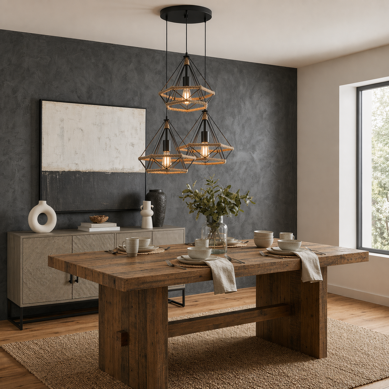 3-light industrial geometric rope pendant hanging in a cozy living room with warm ambient lighting and a bookshelf.