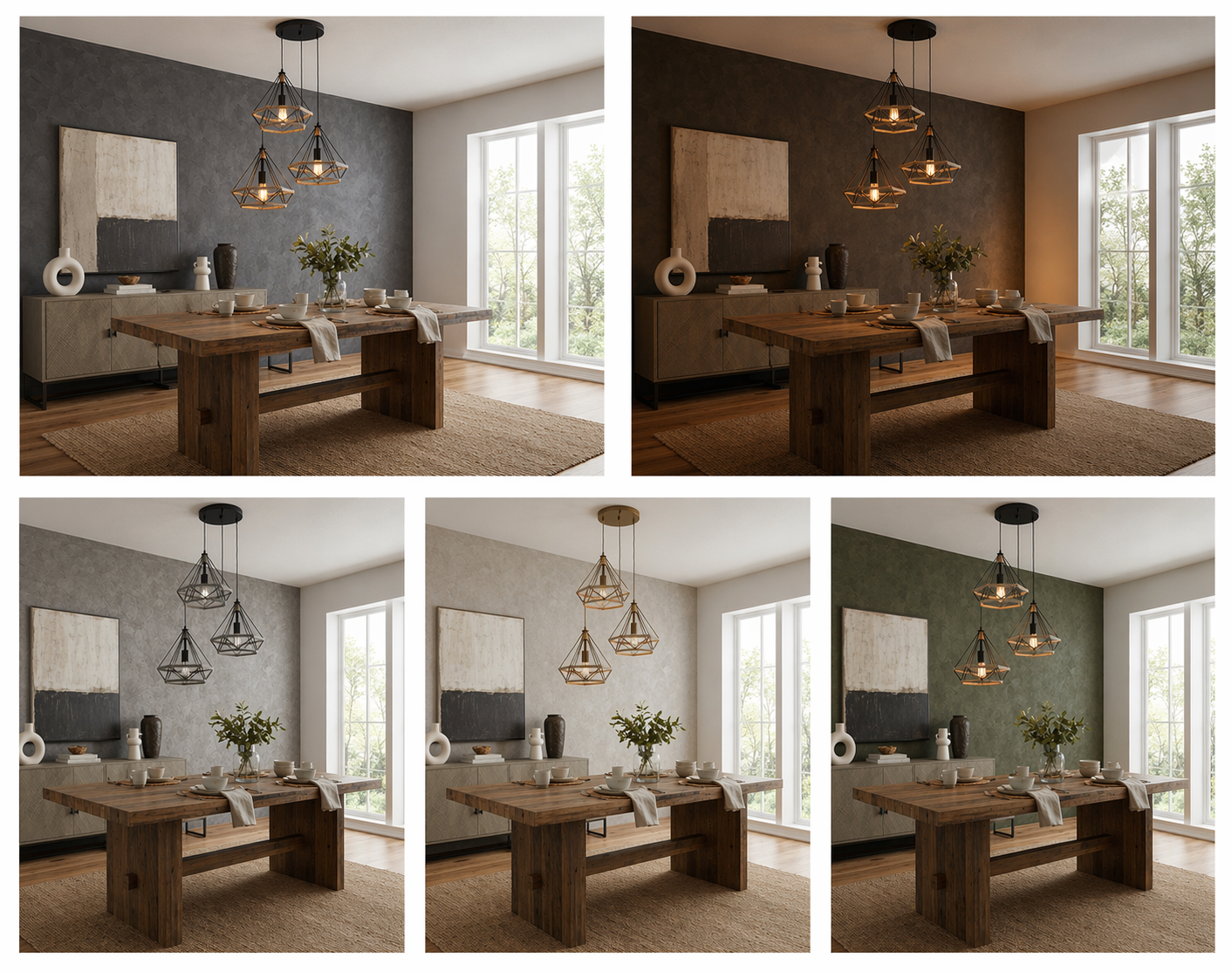 3-light staggered industrial pendant hanging in front of a round mirror and wooden sideboard in a minimalist room.