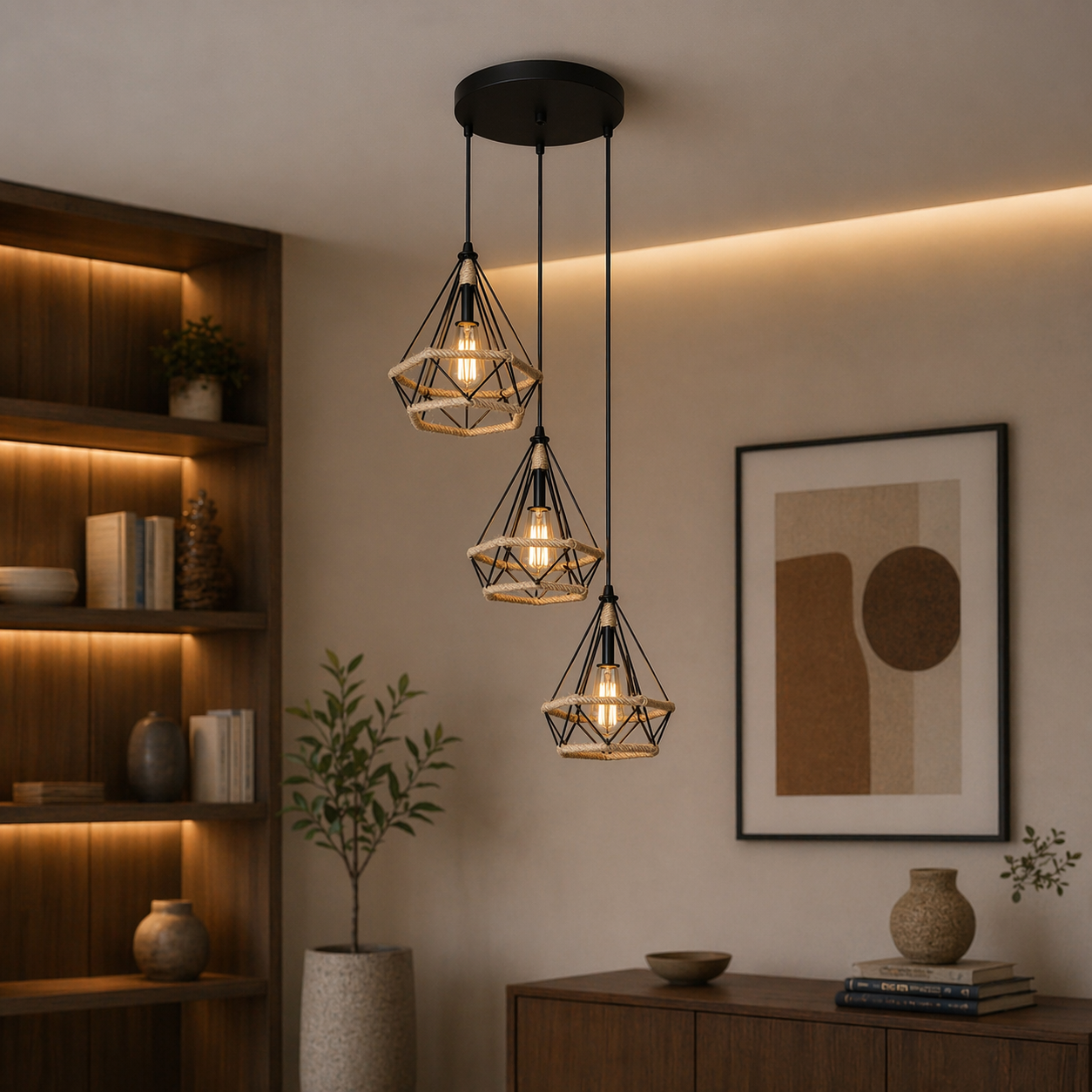 Collage showing a 3-light industrial rope pendant in various room settings with different wall colors like sage green and charcoal.