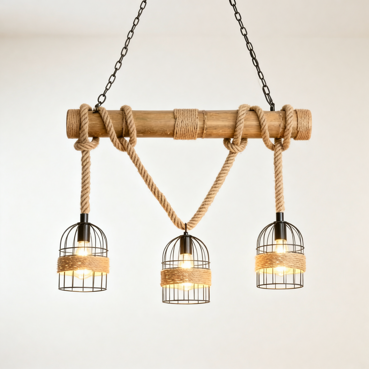 Close-up of hemp rope knots and black wire birdcage shade with Edison bulb