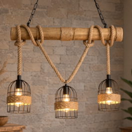 Rustic wood beam and rope chandelier with 3 black birdcage pendant lights