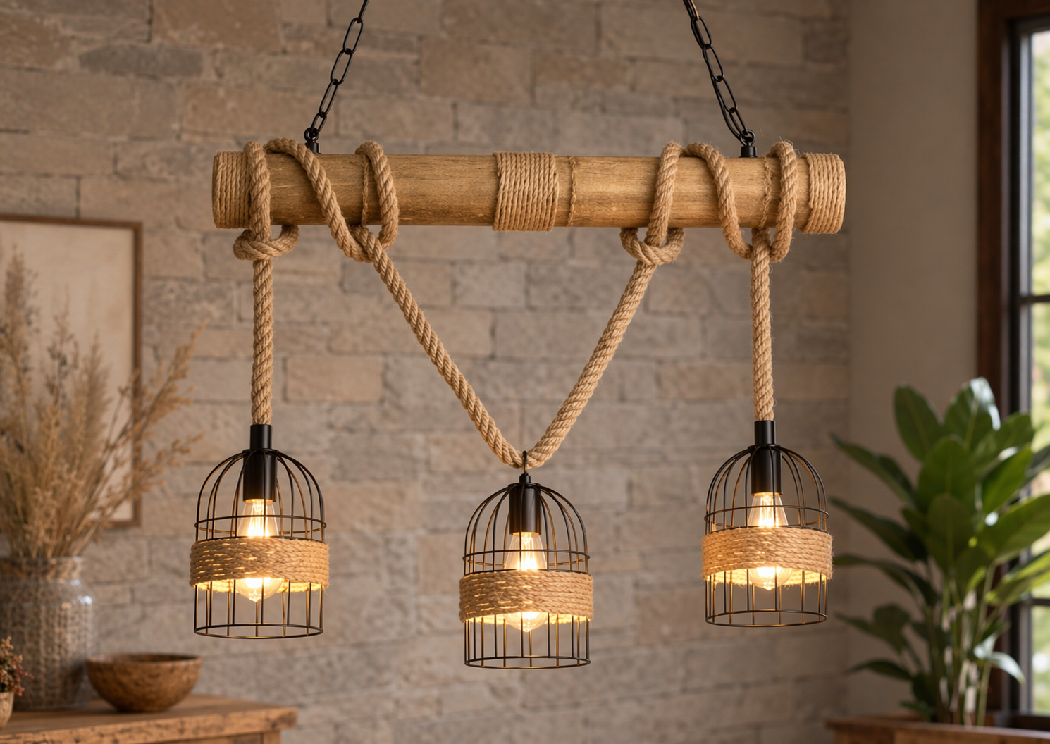 Rustic wood beam and rope chandelier with 3 black birdcage pendant lights