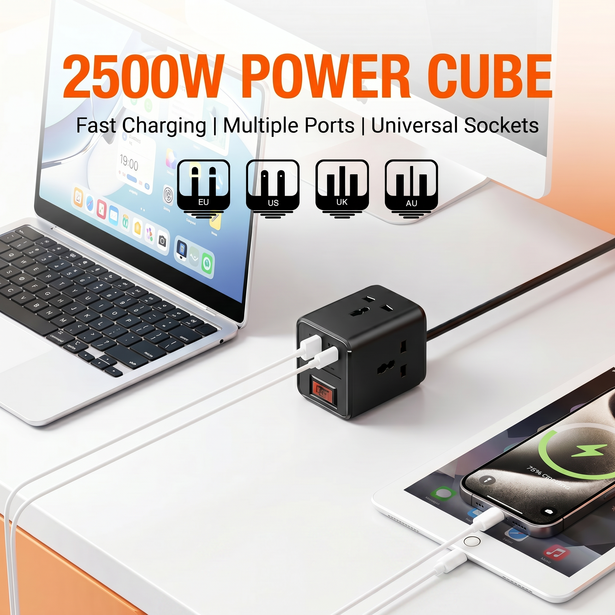 Lucky Hawk 2500W Universal Power Socket Cube box showing 2 USB-A and 2 USB-C ports.