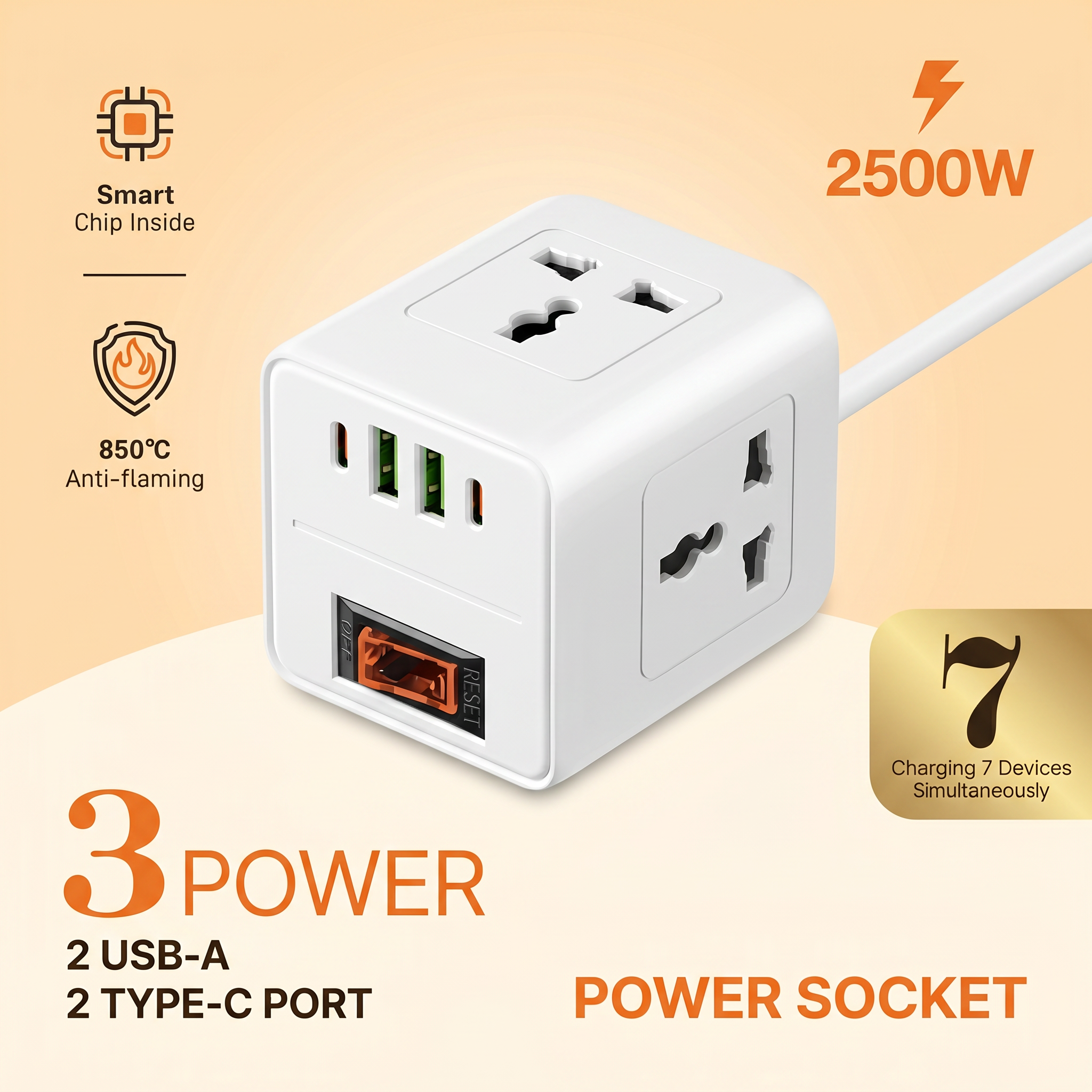 Technical specification chart for Lucky Hawk power cube including 10A current and 110V-250V compatibility.