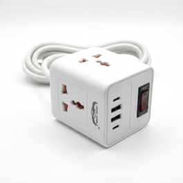 Side view of the Lucky Hawk white power cube showing universal AC sockets and the hawk logo.