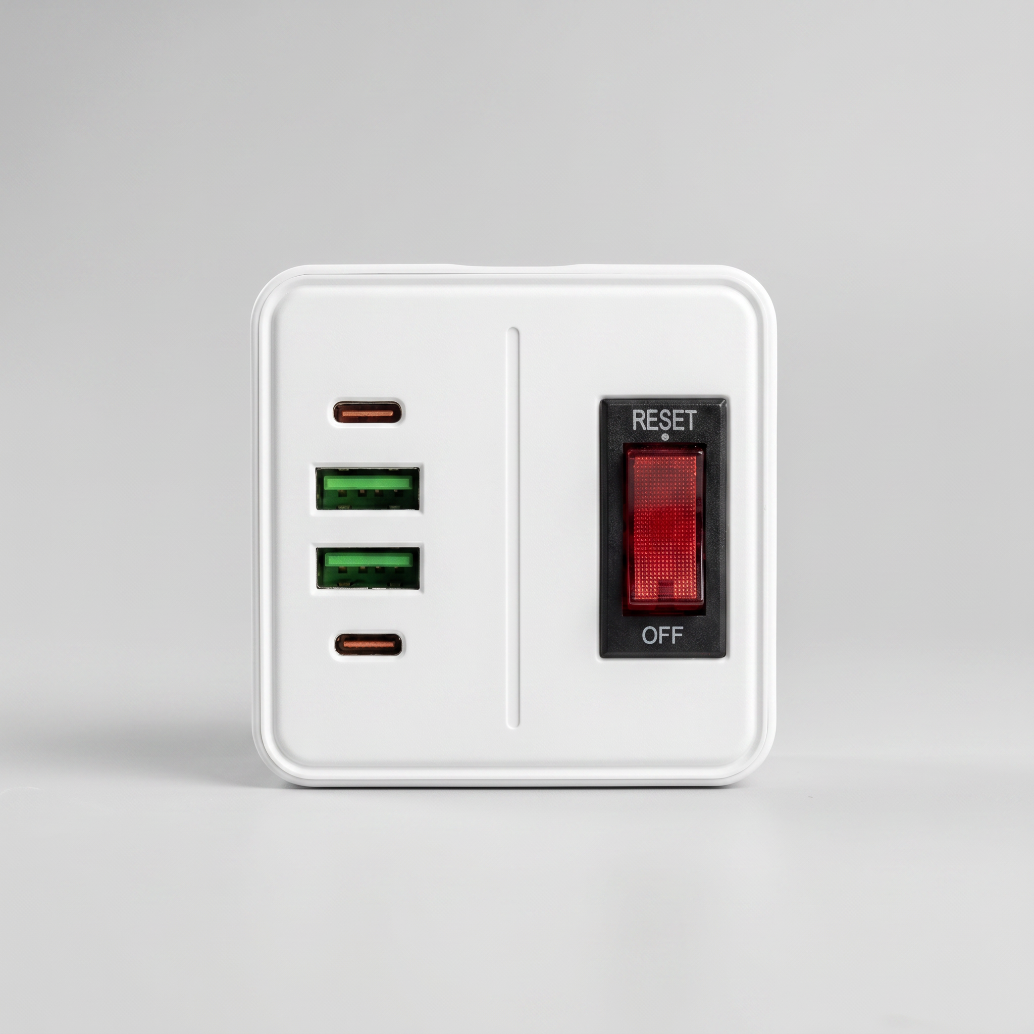 Close up of the Lucky Hawk power socket interface featuring 2 USB-C ports, 2 USB-A ports, and a red reset switch.