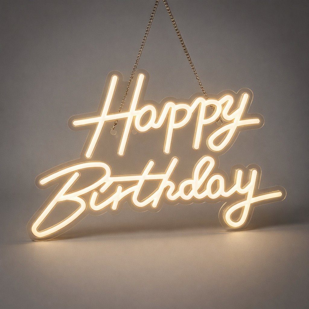 Lit Happy Birthday LED neon sign glowing in warm white, hanging by a chain against a plain light grey wall.