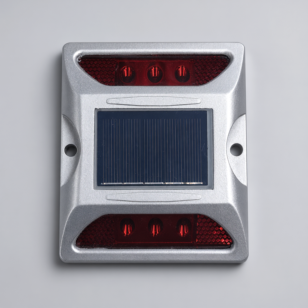 Red solar LED road stud for boundary and hazard marking